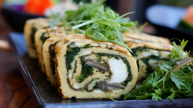 Delicious Rolled Omelet with Spinach and Mushrooms, Garnished with Greens.
