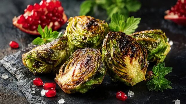 Delicious Roasted Brussels Sprouts with Pomegranate Seeds and Mint.