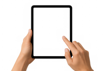 Hands holding tablet with blank transparent screen