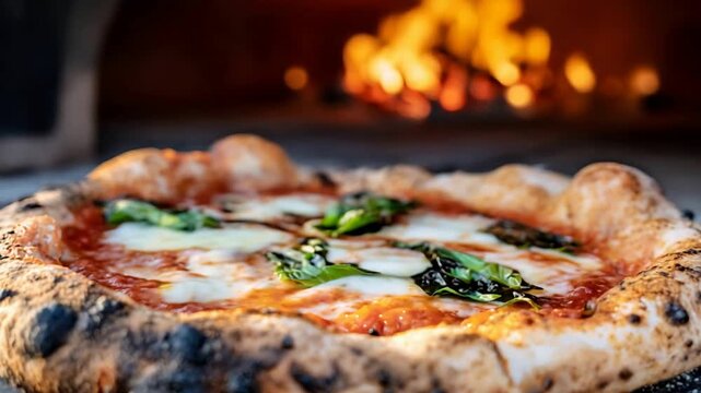 Delicious Neapolitan Pizza Freshly Baked in a Fiery Wood-Fired Oven.