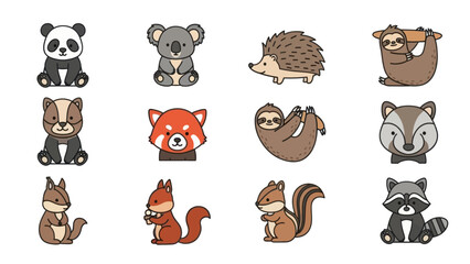 Naklejka premium Adorable cartoon animals vector illustration featuring panda koala sloth hedgehog raccoon and