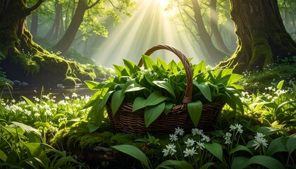 Obraz premium Sunlit forest scene; basket overflowing with vibrant green plants