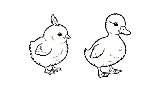 Adorable monochrome sketch featuring a fluffy chick and a charming duckling illustration