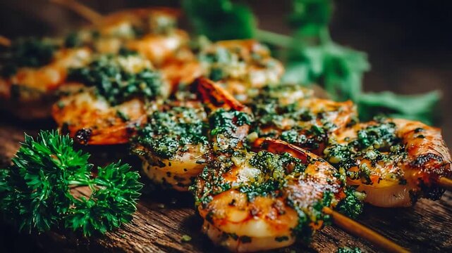 Delicious Grilled Shrimp Skewers with Fresh Herbs and Garlic on Rustic Wood.
