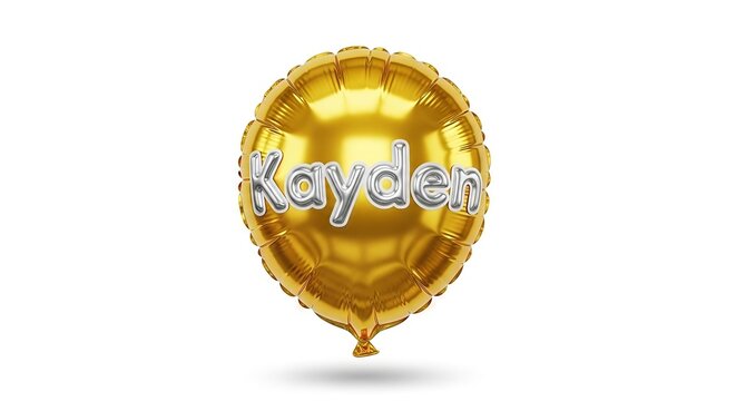 Golden foil balloon with the name Kayden, isolated against a pristine white backdrop  celebration