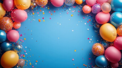 Festive Balloons and Confetti Border on Blue Background
