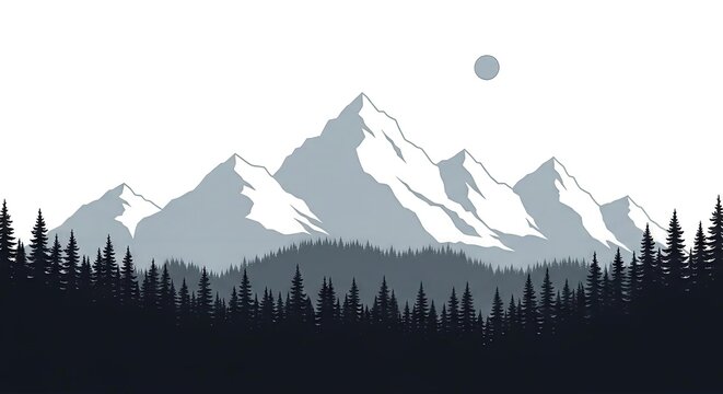 Serene mountainscape with dense forest and celestial orb casting soft light ambiance