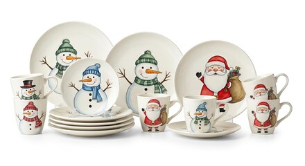 Festive tabletop collection featuring charming snowman and Santa Claus designs on dinnerware
