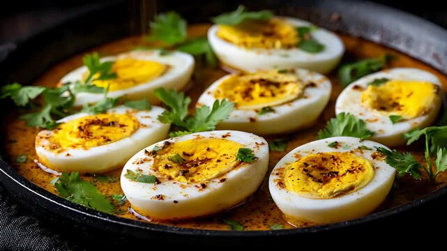 Delicious Boiled Eggs in Savory Sauce with Fresh Cilantro Garnish.