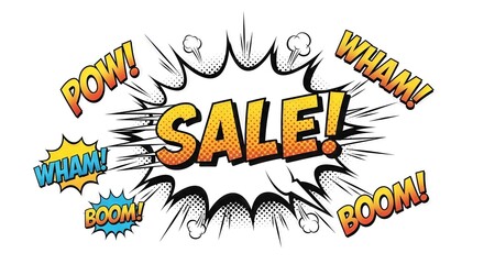 Dynamic sale burst with bold exclamations in pop art explosion advertisement