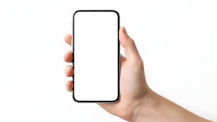 hand holding a smartphone with a blank white screen for customization