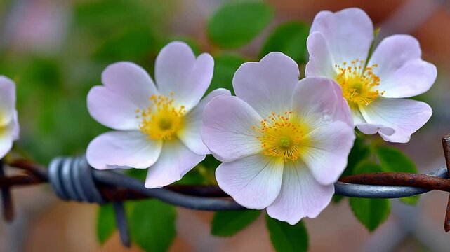 Delicate Wild Roses Bloom Gracefully on a Rusty Barbed Wire Fence.