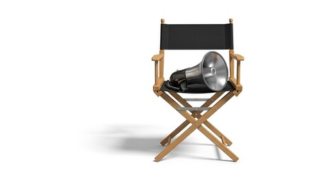 Behind the scenes filmmaking scene featuring a vintage megaphone on a director's chair
