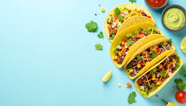 Top down flat lay of crispy hard shell tacos with seasoned beef cheese lettuce tomato corn and onion served with guacamole and salsa on bright blue background