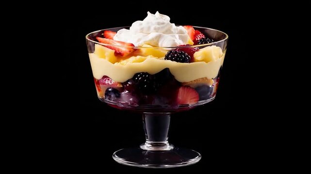 Decadent Berry Trifle Dessert with Cream and Custard Layers on Black.