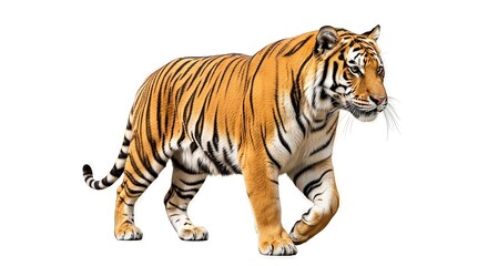 Majestic Bengal tiger gracefully sauntering across a pure white backdrop with powerful allure