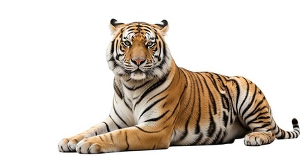 A regal tiger lies serenely against a stark white canvas portraying a fierce grace and mesmerizing