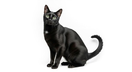 Elegant black cat sitting gracefully with vibrant green eyes on a clean white backdrop