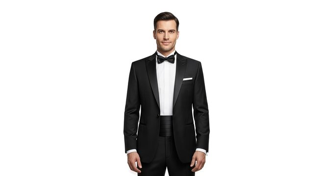 Elegantly attired man in a classic black tuxedo against a stark white backdrop showing