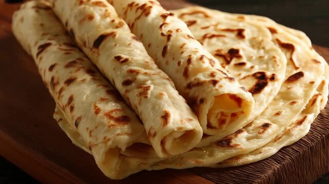 Close up view of freshly cooked savory flatbread rolls on a wooden board.