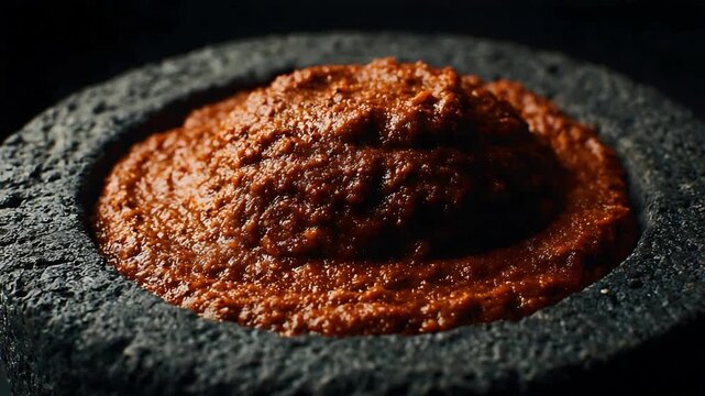 Close up view of freshly ground chili paste in a dark stone mortar and pestle.