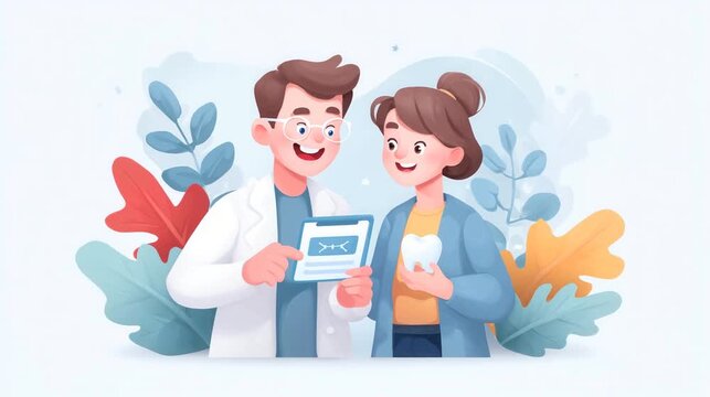 A cheerful doctor showing a medical chart to a smiling woman holding a tooth, surrounded by colorful leaves.