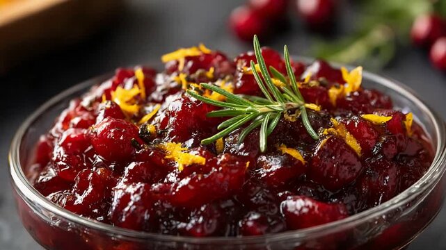 Close up of festive homemade cranberry sauce with orange zest and rosemary garnish.