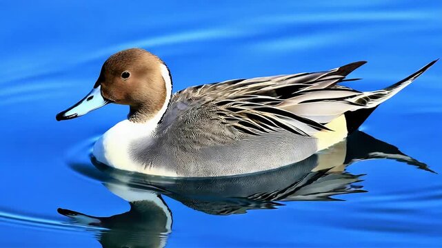 Beautiful Pintail Duck Glides Gracefully on Vibrant Blue Water Surface.