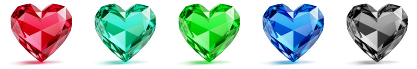 Five heart-shaped gems in different bright colors, with subtle shadows and reflections, on a white background.