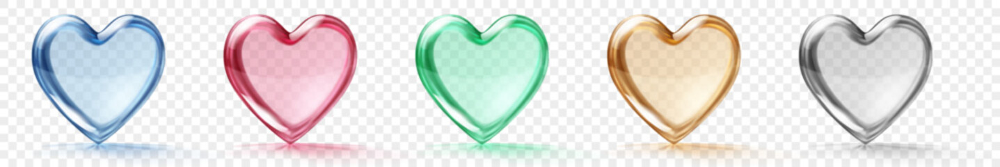 Colorful translucent hearts in blue, red, green, gold, and silver, with shiny surfaces and subtle shadows, on a transparent background. Transparency only in vector format.