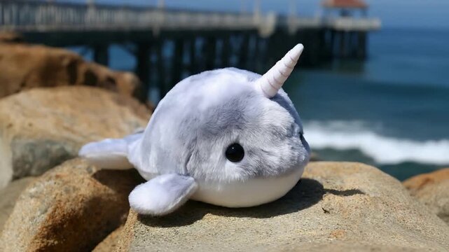 Adorable plush narwhal toy rests on rocks by the ocean with pier.