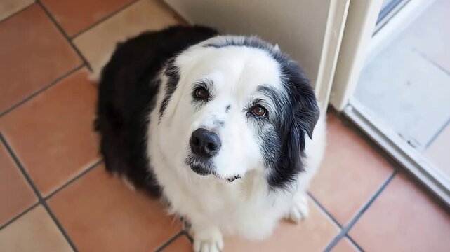 Adorable Border Collie dog looking up expectantly with soulful brown eyes.