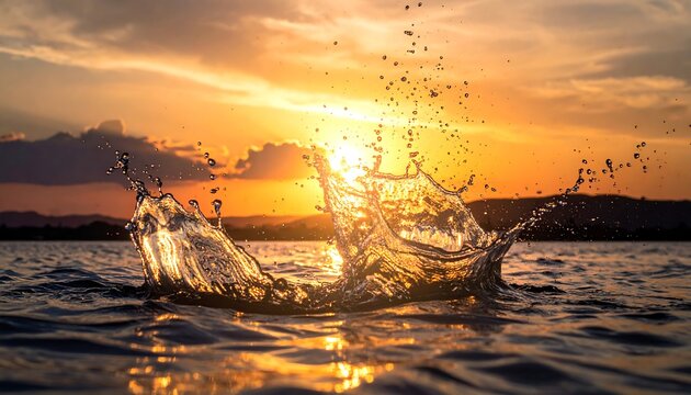 Sunlit water splash against a vibrant orange and yellow sunset