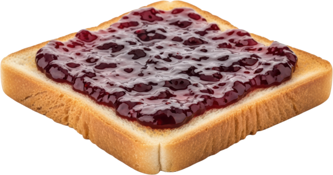 Toasted bread slice topped generously with dark red berry jam offering a sweet and fruity spread isolate breakfast food delicious spreadable baked pastry