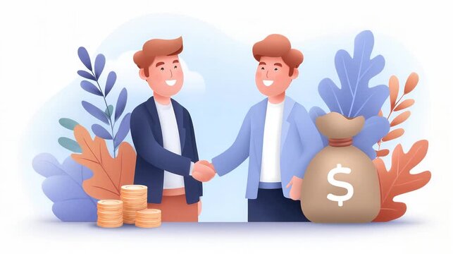 Two men smiling and shaking hands with a money bag and coins in an illustrated setting.