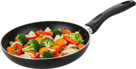 A black frying pan filled with a colorful mix of fresh chopped vegetables including broccoli carrots bell peppers and peas isolate cooking healthy food