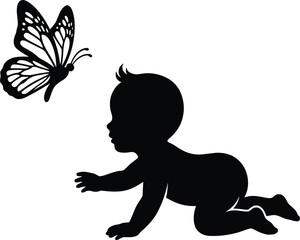 Baby silhouette crawling, butterfly interaction, childhood curiosity, nature moment, black vector art, innocence, minimal design, exploration, toddler reaching, flying insect