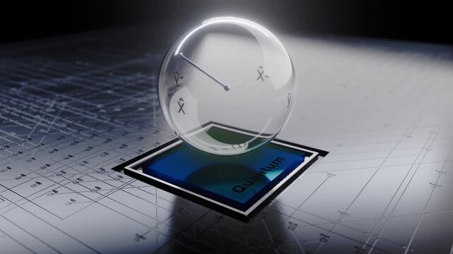 3d rendered animation of an abstract quantum chip with a conceptual bloch sphere above it representing the state of a qubit.