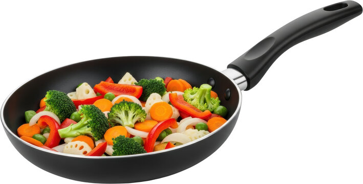A black frying pan filled with a colorful mix of fresh chopped vegetables including broccoli carrots bell peppers and peas isolate cooking healthy food - Powered by Adobe