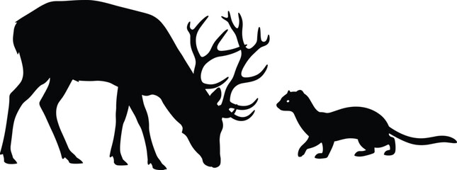 Deer and weasel silhouette, black and white vector, animal contrast scene, forest wildlife, minimal design, nature graphic illustration