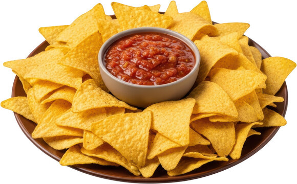 A close up overhead view of a plate filled with golden tortilla chips surrounding a bowl of chunky red salsa isolate Nachos Corn chips Dip Appetizer Snack