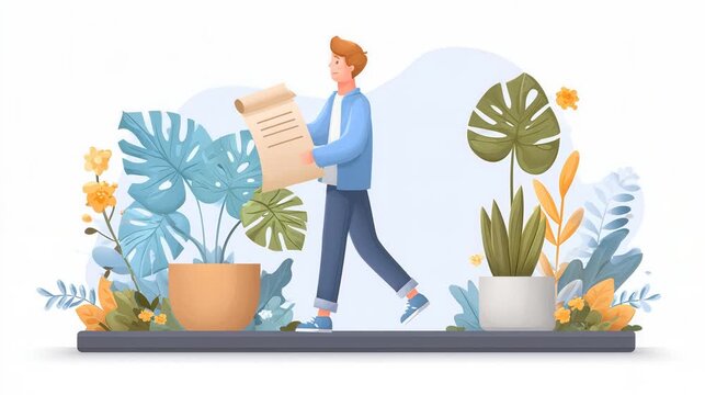 A person carrying a scroll of paper among decorative plants and flowers in a modern setting.