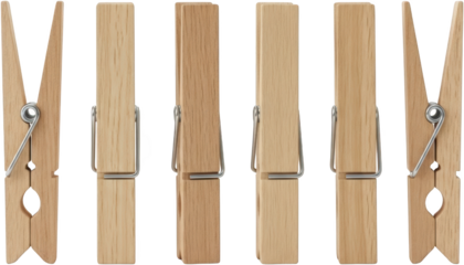 A Line Of Natural Wood Clothespins With Silver Metal Springs Presented Against A Transparent Background For Isolation Clothes Peg Wooden Household Laundry Drying Transparent Background