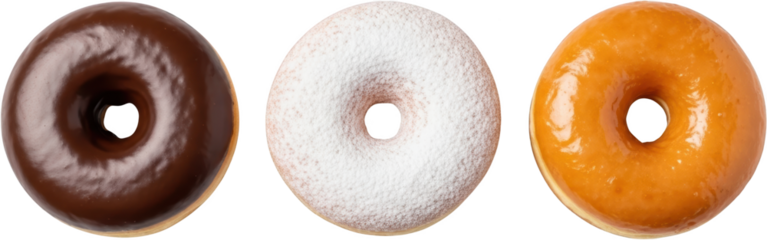 Three ring donuts one coated with glossy dark chocolate another with powdered sugar and a third with a shiny caramel glaze isolate doughnut food sweet