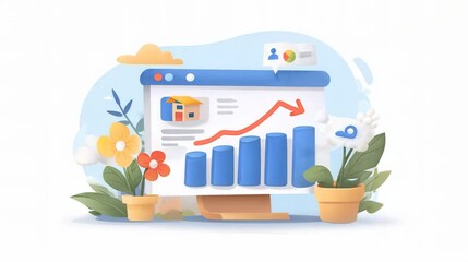 An illustration depicting a digital dashboard with graphs and flowers, representing growth and data analysis.
