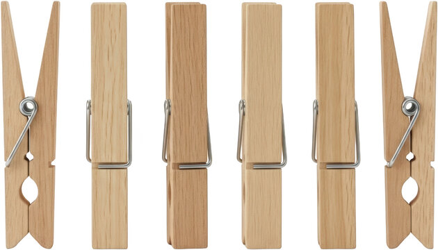 A Line Of Natural Wood Clothespins With Silver Metal Springs Presented Against A Transparent Background For Isolation Clothes Peg Wooden Household Laundry Drying Transparent Background