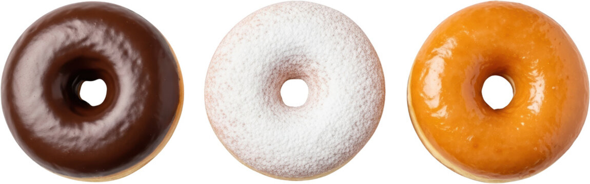 Three ring donuts one coated with glossy dark chocolate another with powdered sugar and a third with a shiny caramel glaze isolate doughnut food sweet