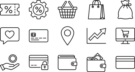 Shopping finance icons, black and white vector, ecommerce symbols, payment wallet credit card, analytics discount secure transaction, minimal design