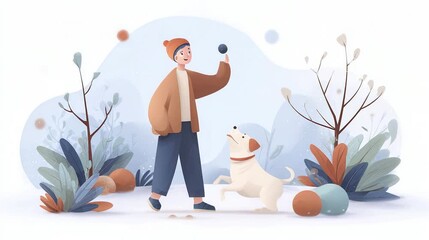 A person playing with a dog in a wintery landscape filled with trees and abstract shapes.