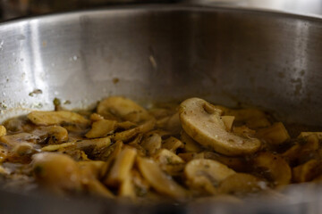 Close-Up of Sautéing Mushrooms in a Pan